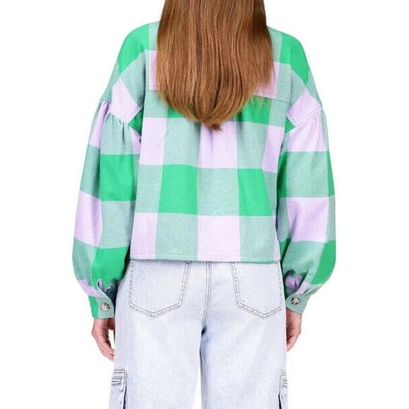 Sanctuary Plaid Button Top Womens XS Pine Check Pocket Detail Cotton Loose Crop - Picture 12 of 13